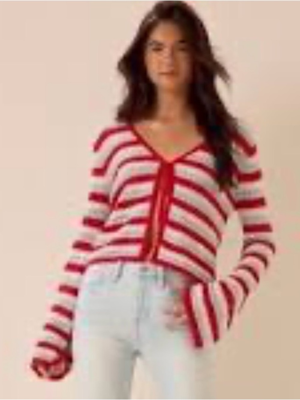 Altar'd State Red & White Striped V-Neck Button Cardigan